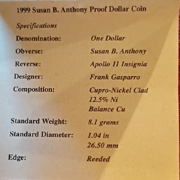 1999 Susan B. Anthony Proof Dollar w/Certificate Of Authenticity from U.S Mint - Picture 7 of 12